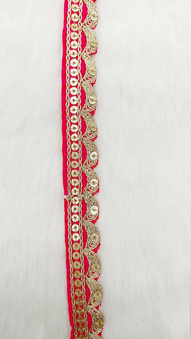 Art Silk Fabric Trim With Gold Embroidery, Scallop Sequins Sari Border, Trim By 3 Yards
